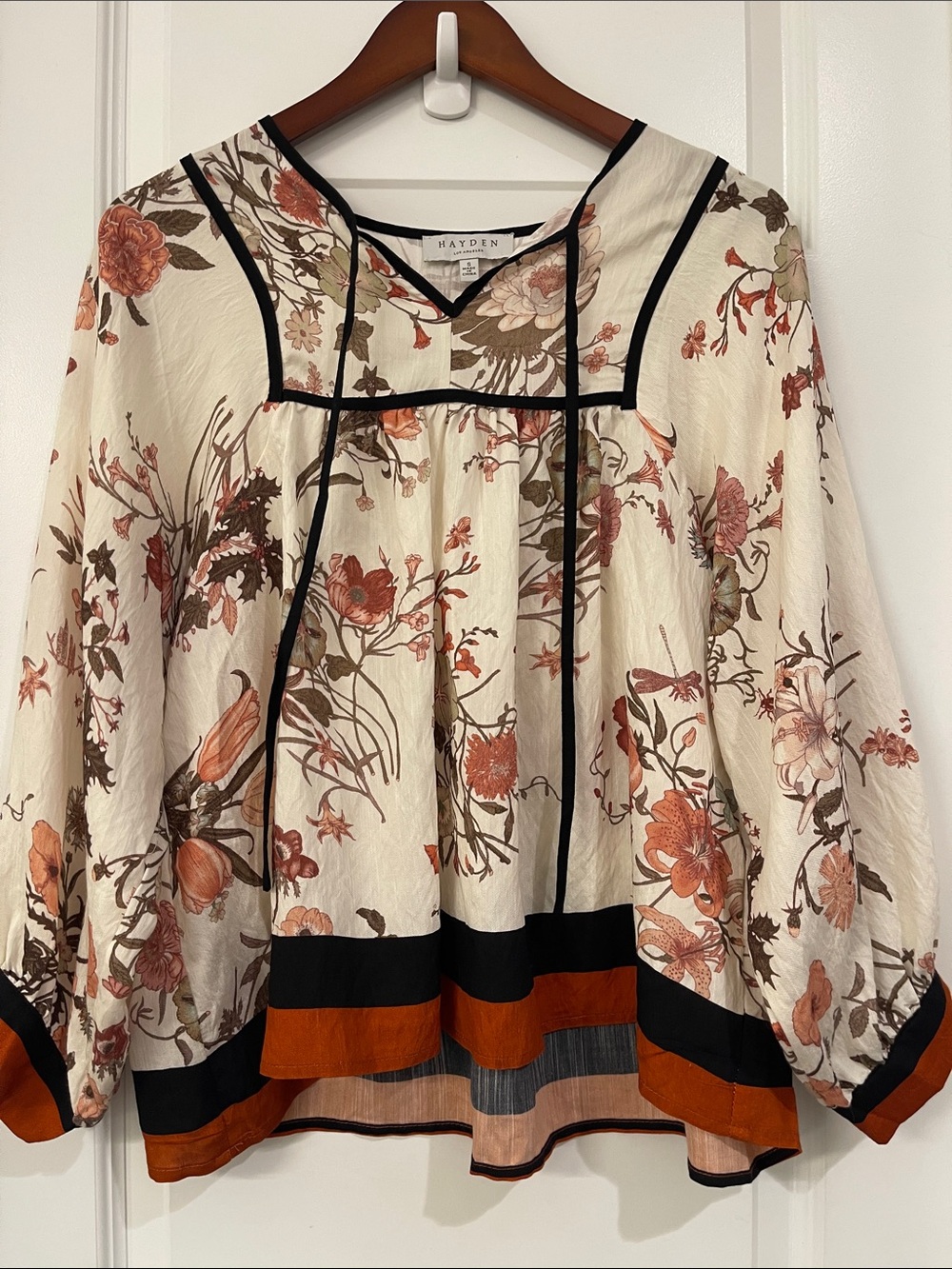 Hayden Cream Floral Peasant Blouse with Rust Trim and Black Piping